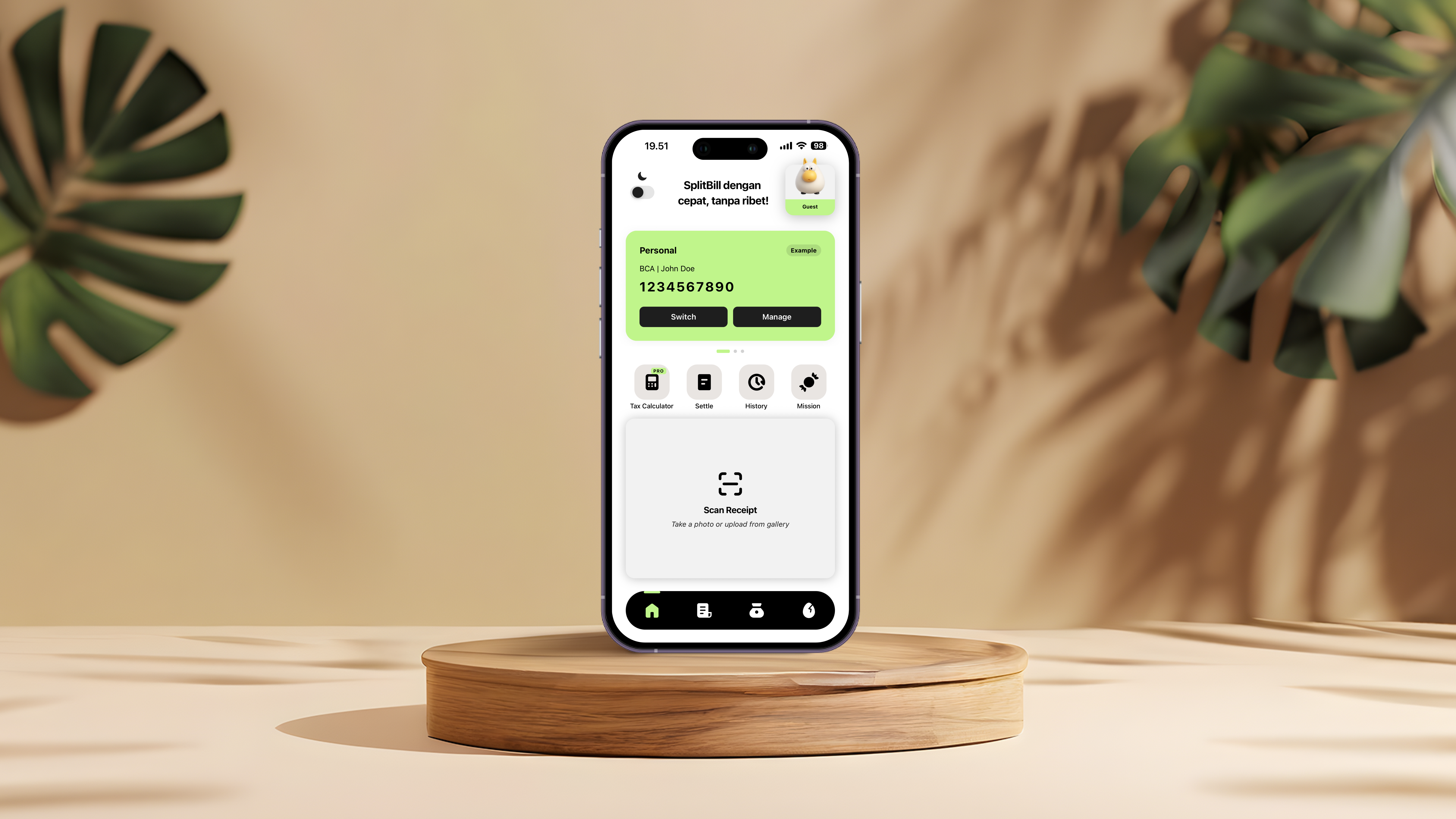 BagiBon app on device — receipt timeline and Bonbon rewards